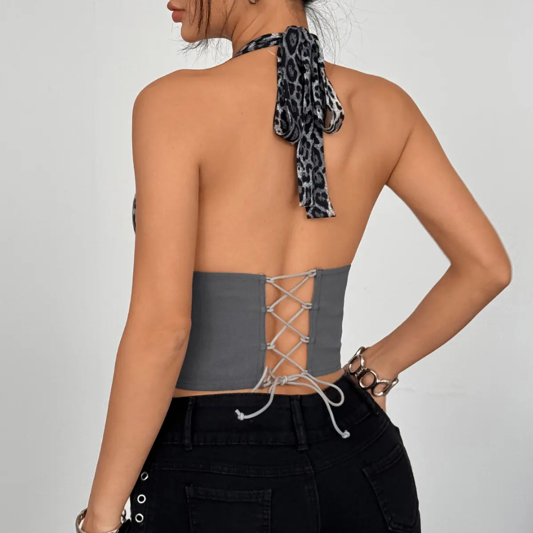 Luxevibe Spot 2025 Y2K Fox Animal Print Sexy Halter Deep V Neck Corset Boned Camisole Top for Women
