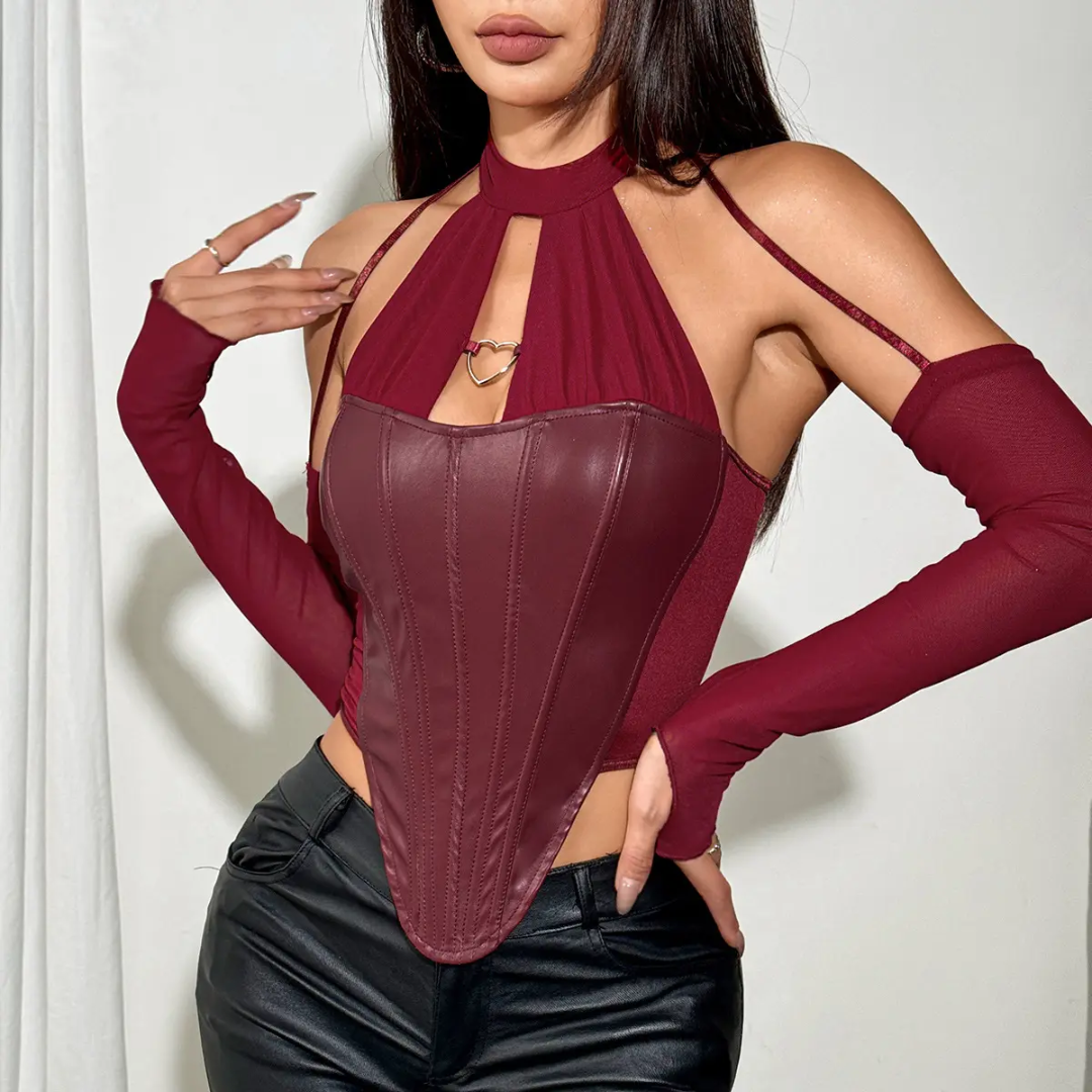 Luxevibe Spot 2025 Y2K Gothic PU Leather Corset Top for Women with Detachable Glove Sleeves