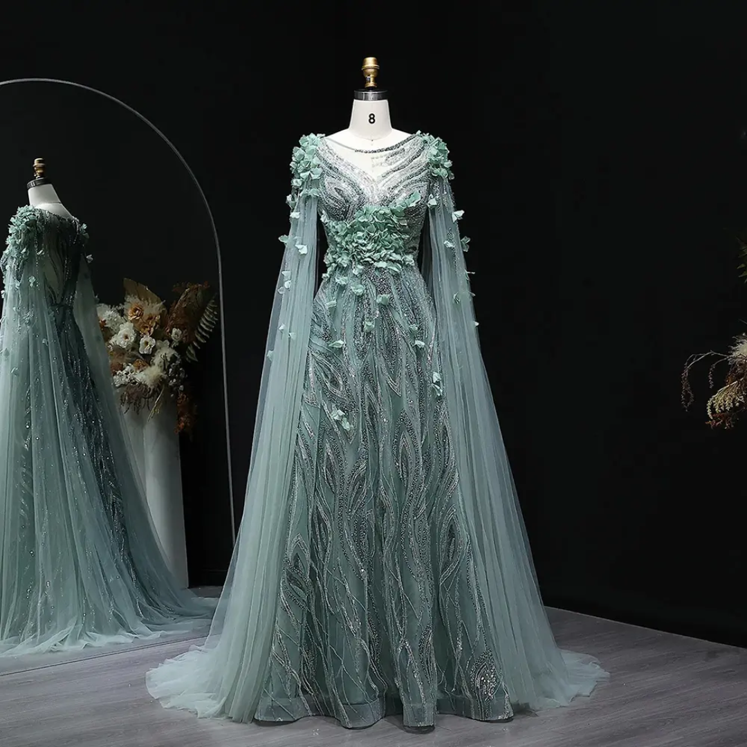 Luxury Green Evening Dress with Cape Sleeves & 3D Floral Embroidery – Formal Party Gown | Luxevibe LSZ060