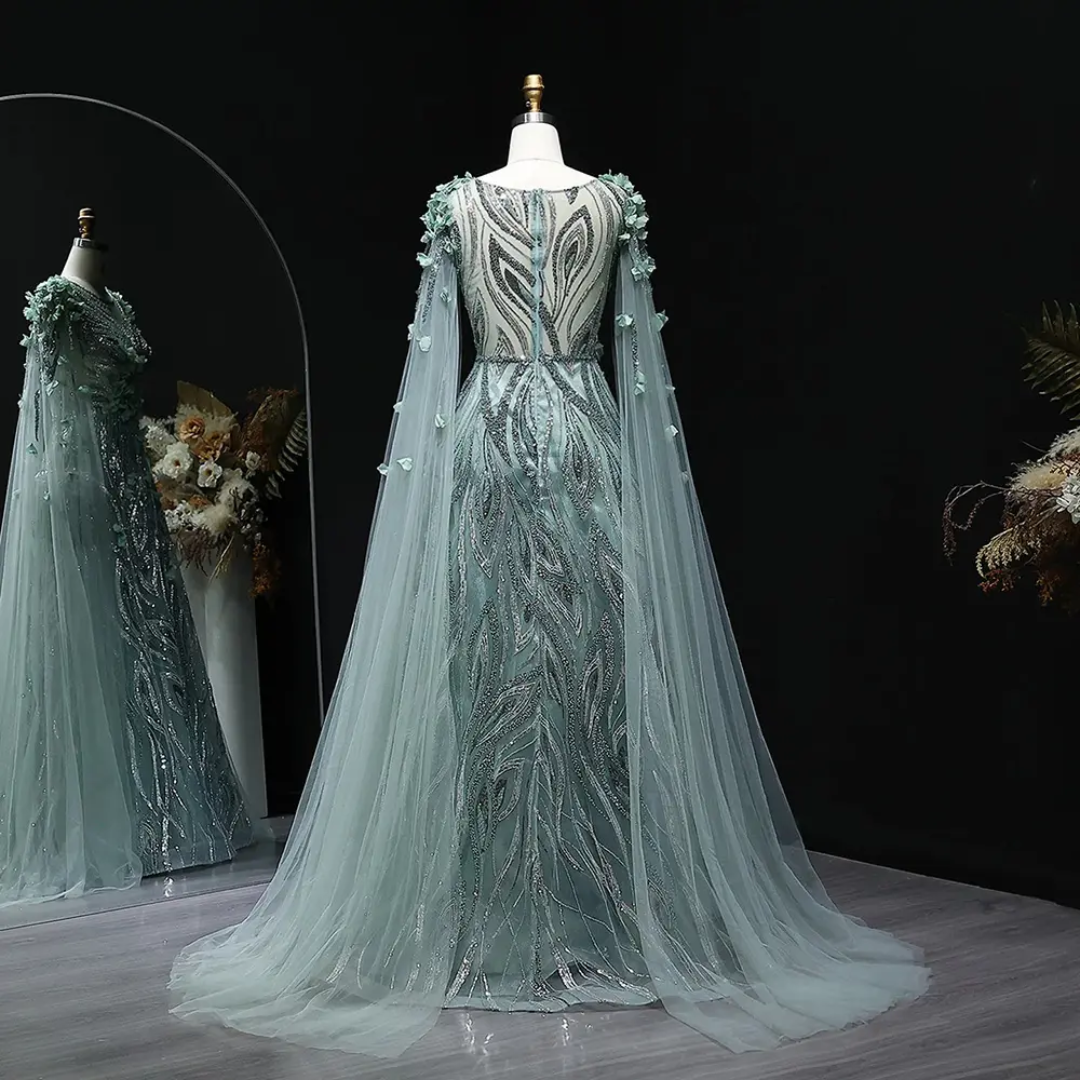 Luxury Green Evening Dress with Cape Sleeves & 3D Floral Embroidery – Formal Party Gown | Luxevibe LSZ060