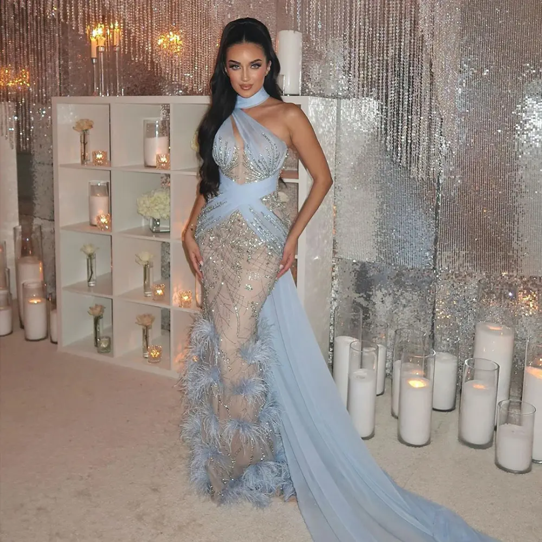 Luxury Mermaid Evening Dress with Feathers & Long Train – Elegant Halter Wedding & Prom Gown | Luxevibe LSZ576