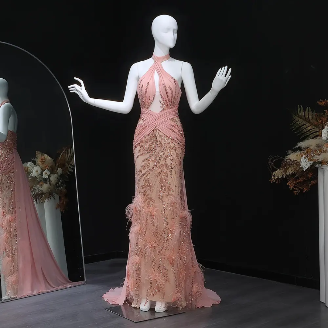 Luxury Mermaid Evening Dress with Feathers & Long Train – Elegant Halter Wedding & Prom Gown | Luxevibe LSZ576