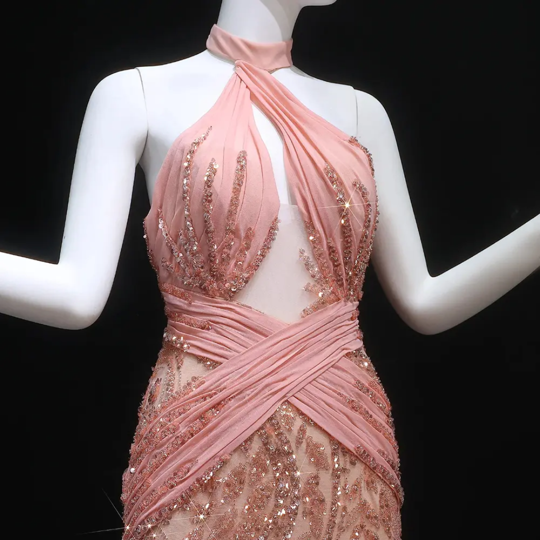 Luxury Mermaid Evening Dress with Feathers & Long Train – Elegant Halter Wedding & Prom Gown | Luxevibe LSZ576