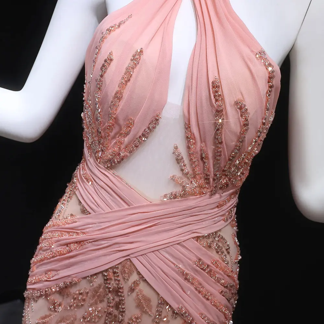 Luxury Mermaid Evening Dress with Feathers & Long Train – Elegant Halter Wedding & Prom Gown | Luxevibe LSZ576