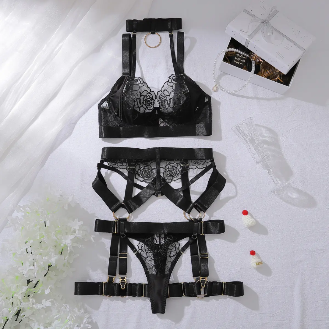 2025 New Sexy 5-Piece Lingerie Set | Underwire Push-Up Bra with Sheer Mesh & Lace Embroidery β Luxevibe