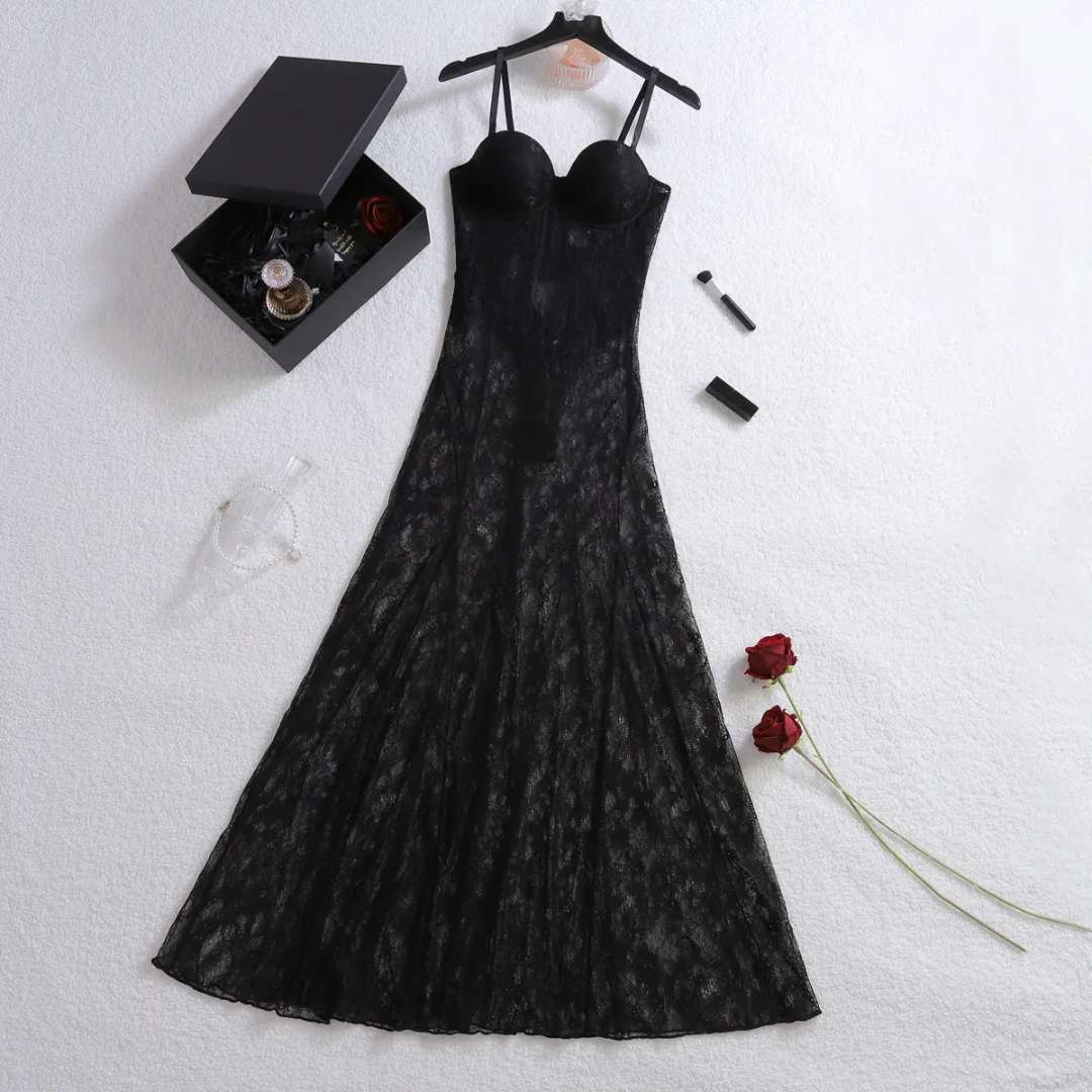 2025 Spring Summer New Sexy Lace Slip Dress for Women | Sheer See-Through Bodycon Midi Sling Lingerie