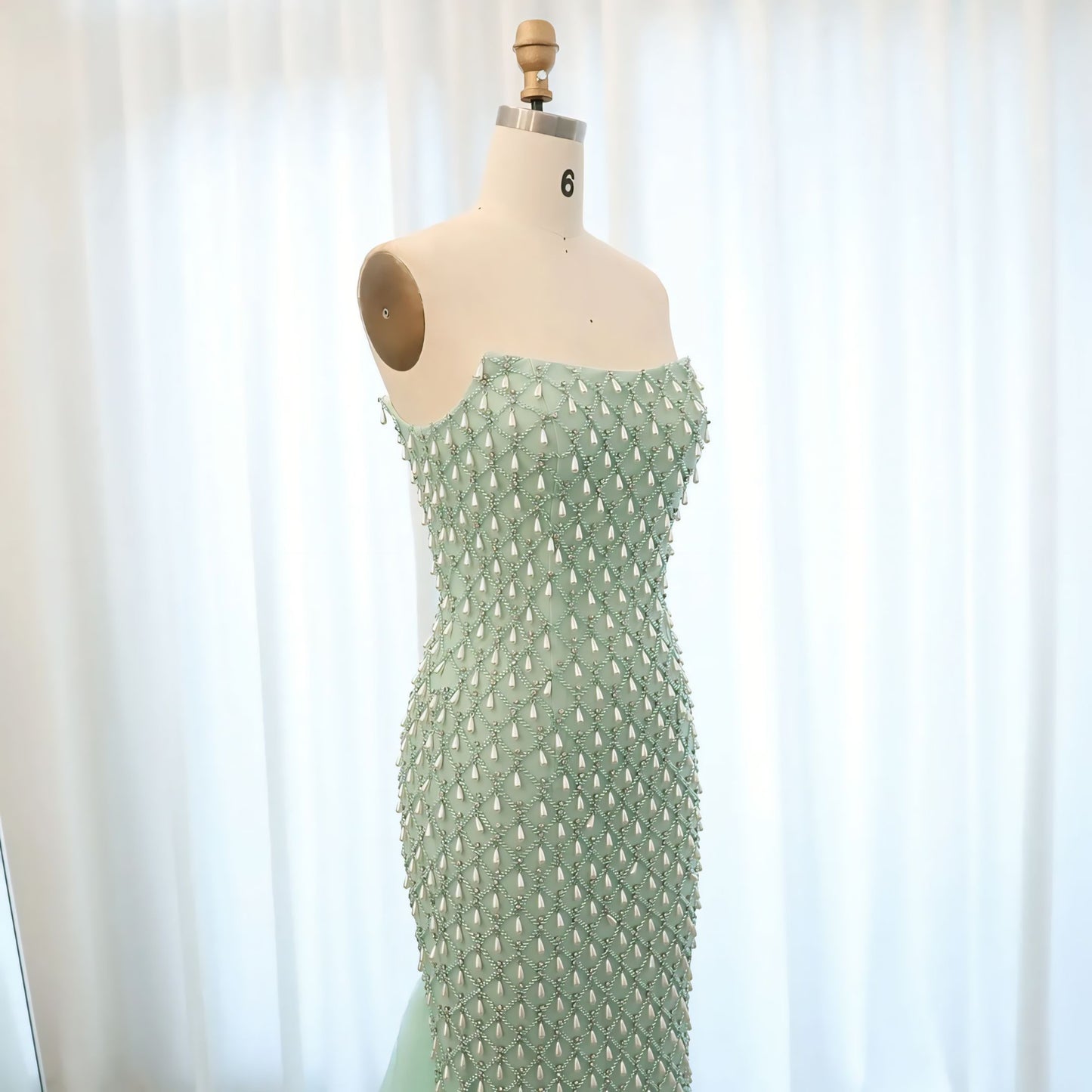 SZ431 Sage Green Luxury Mermaid Evening Gown with Cape – Crystal Pearls & Lace A-Line Floor-Length Dress