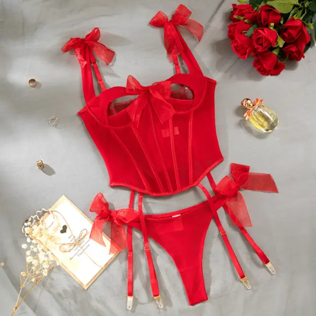 Sheer Mesh Lingerie Set with Hollow Out Lace-Up Corset & Thong – Sexy Black/Red (S-L)