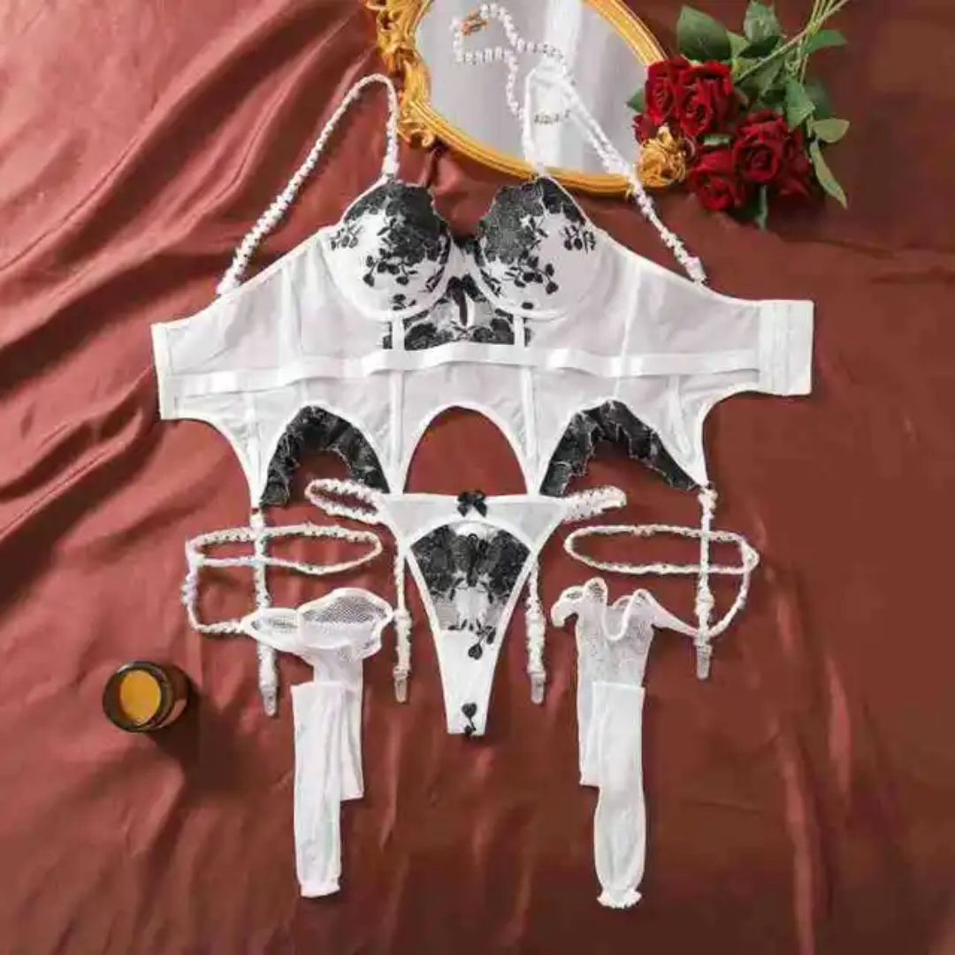 Luxevibe 2025 Exquisite Floral Embroidered Teddy Lingerie with Attached Garter Stockings | Black & White Contrast Set
