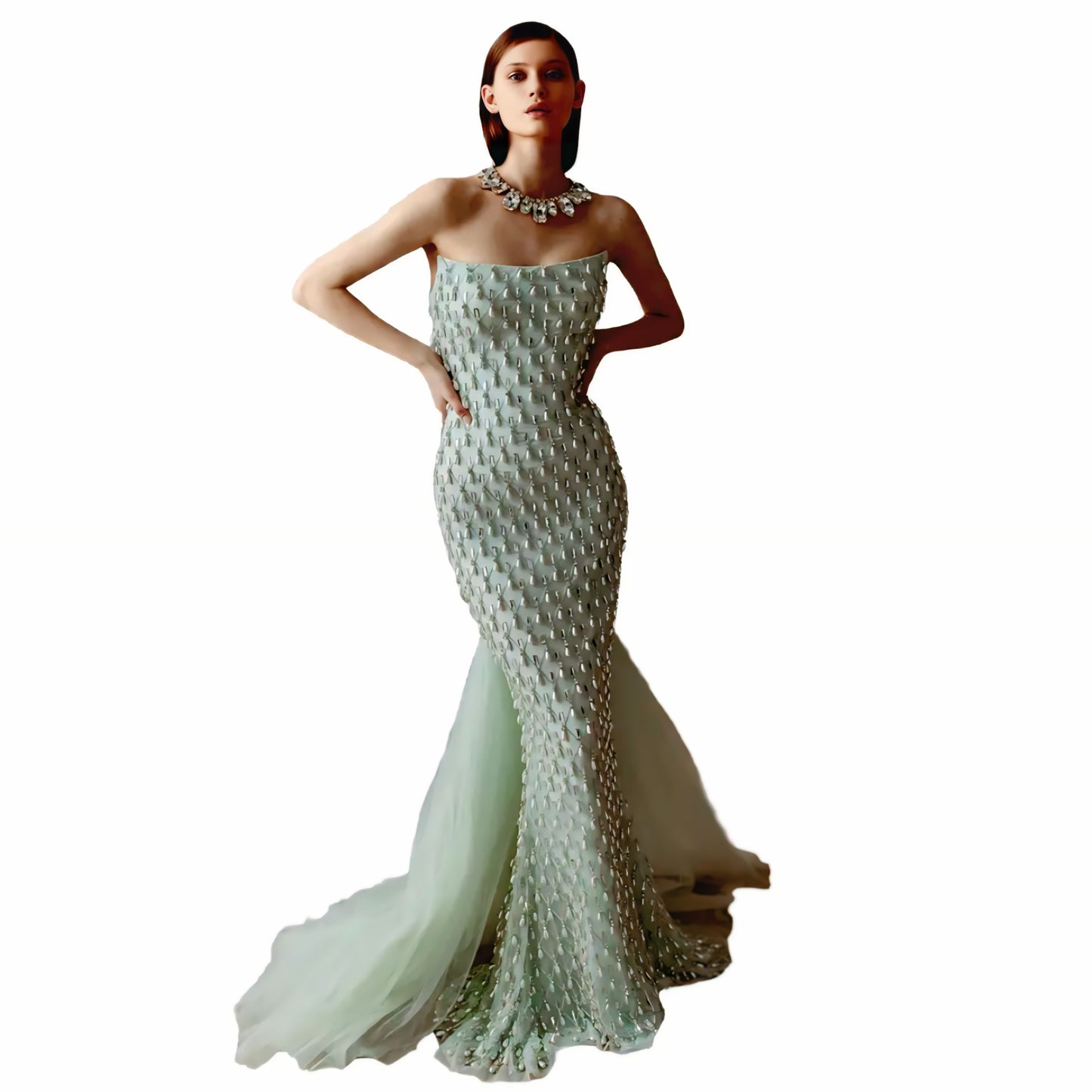 SZ431 Sage Green Luxury Mermaid Evening Gown with Cape – Crystal Pearls & Lace A-Line Floor-Length Dress