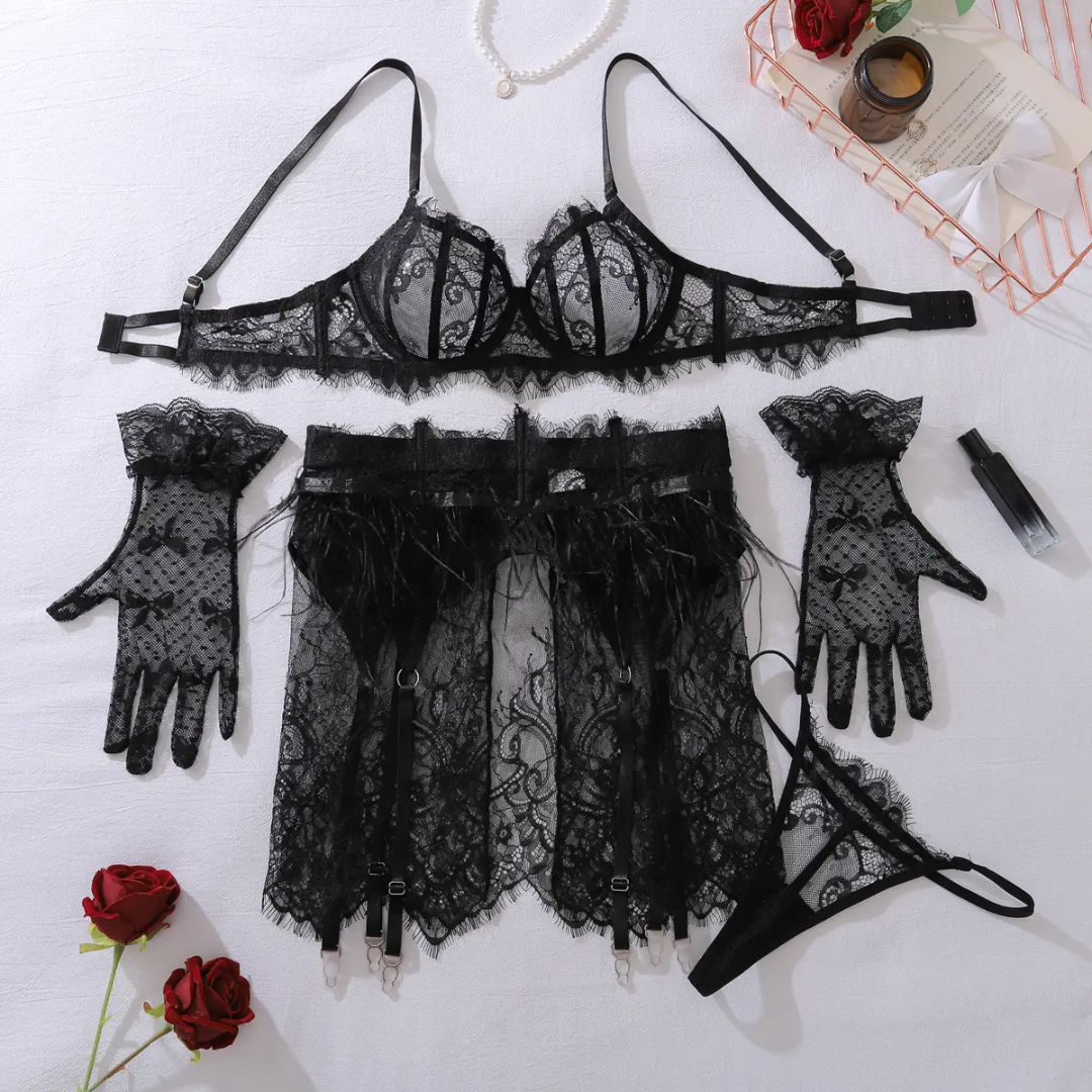 Luxevibe 2025 Sexy Sheer Lace Embroidered Lingerie Set with Push-Up Bra, Thong & Garters | 4-Piece Transparent Set for Women