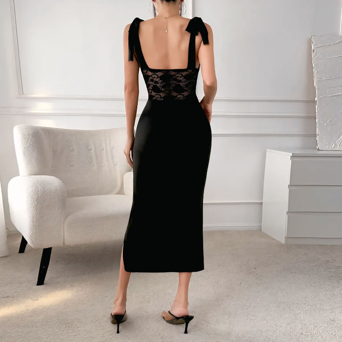 2025 Sexy Lace Dress – Women’s Sheer Mesh Thigh High Slit Crisscross Lace-Up Black Corset Bodycon Dress (S-L)