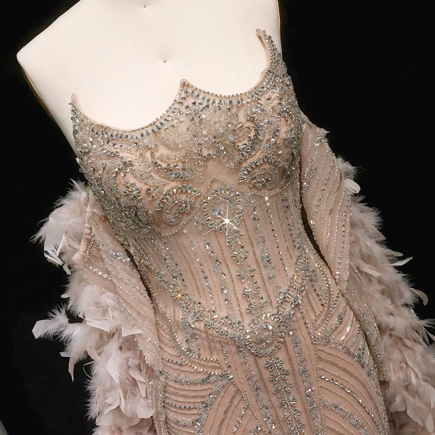 Elegant Off-Shoulder Champagne Evening Dress with Feathers – Beaded Long Slit Wedding & Party Gown (LSZ067)