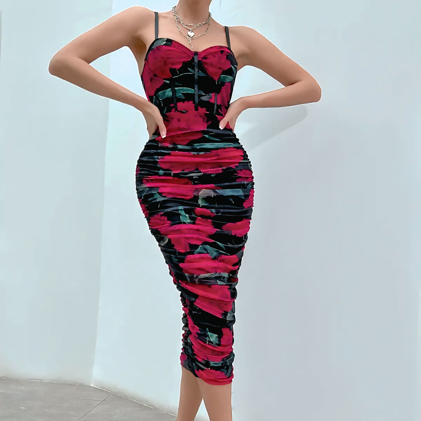 Club Dresses – Sexy Low Cut Floral Mesh Suspender Corset Dress for Women | Retro Elegant Pleated Outfit