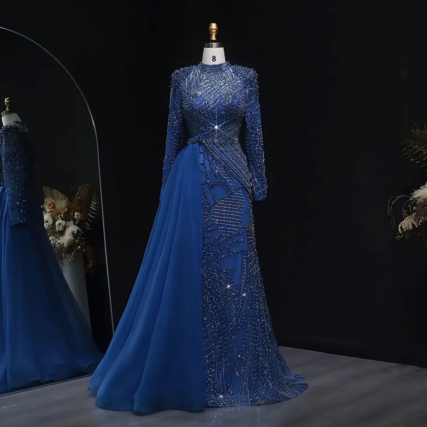 Luxury Long Sleeve Mermaid Evening Dress with Side Skirt – High Neck Beaded Prom & Party Gown (LSZ064-1)