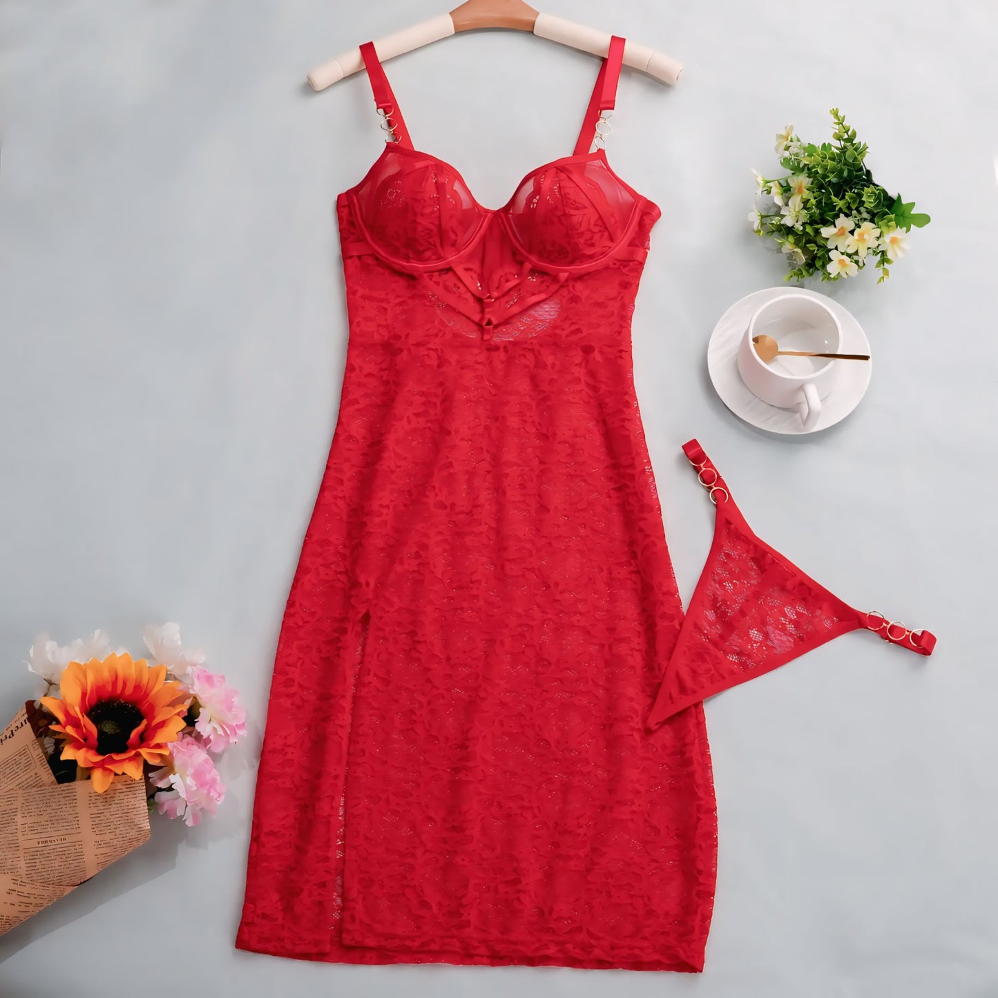 Sexy Red Lace Bodysuit – Women’s Slim Fit Sling Hollow-Out Lingerie