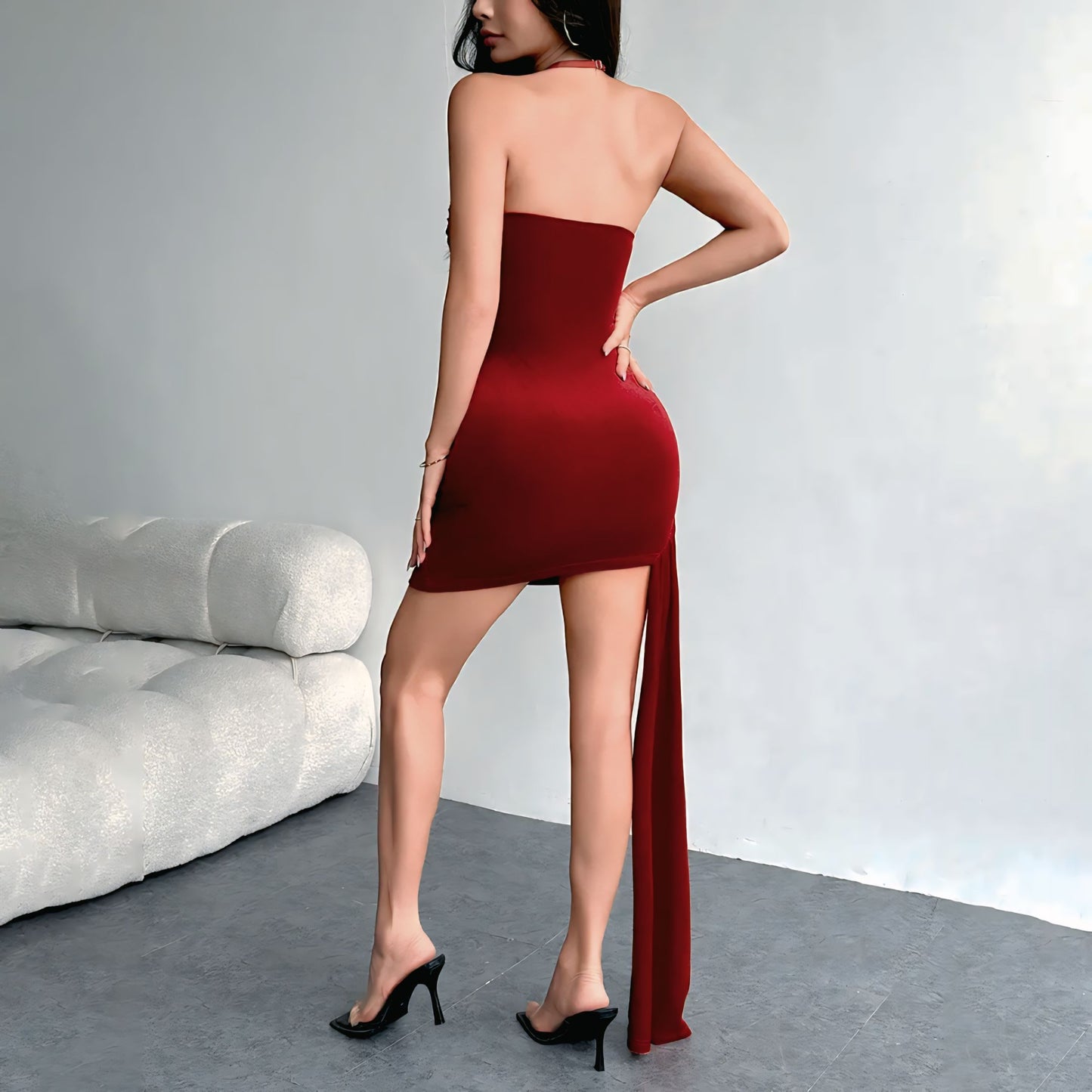 2025 Elegant Velvet Lace Trim Bodycon Evening Dress – High Waist Halter Neck Party Clubwear