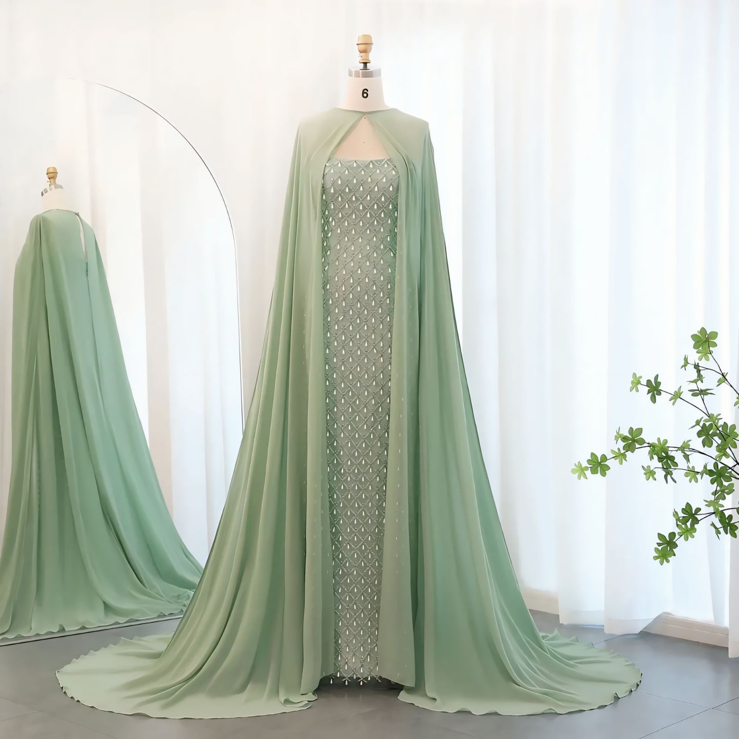 SZ431 Sage Green Luxury Mermaid Evening Gown with Cape – Crystal Pearls & Lace A-Line Floor-Length Dress
