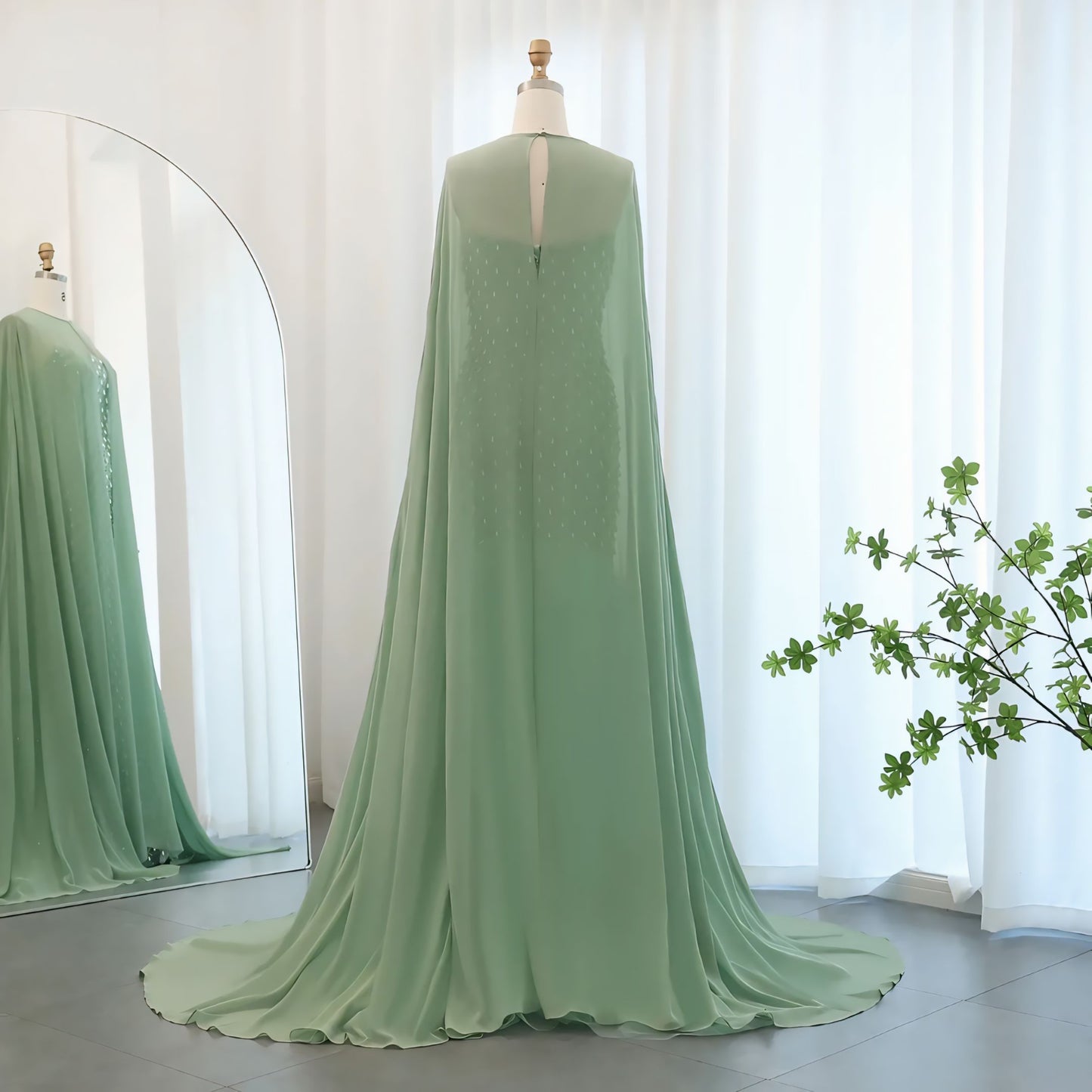 SZ431 Sage Green Luxury Mermaid Evening Gown with Cape – Crystal Pearls & Lace A-Line Floor-Length Dress