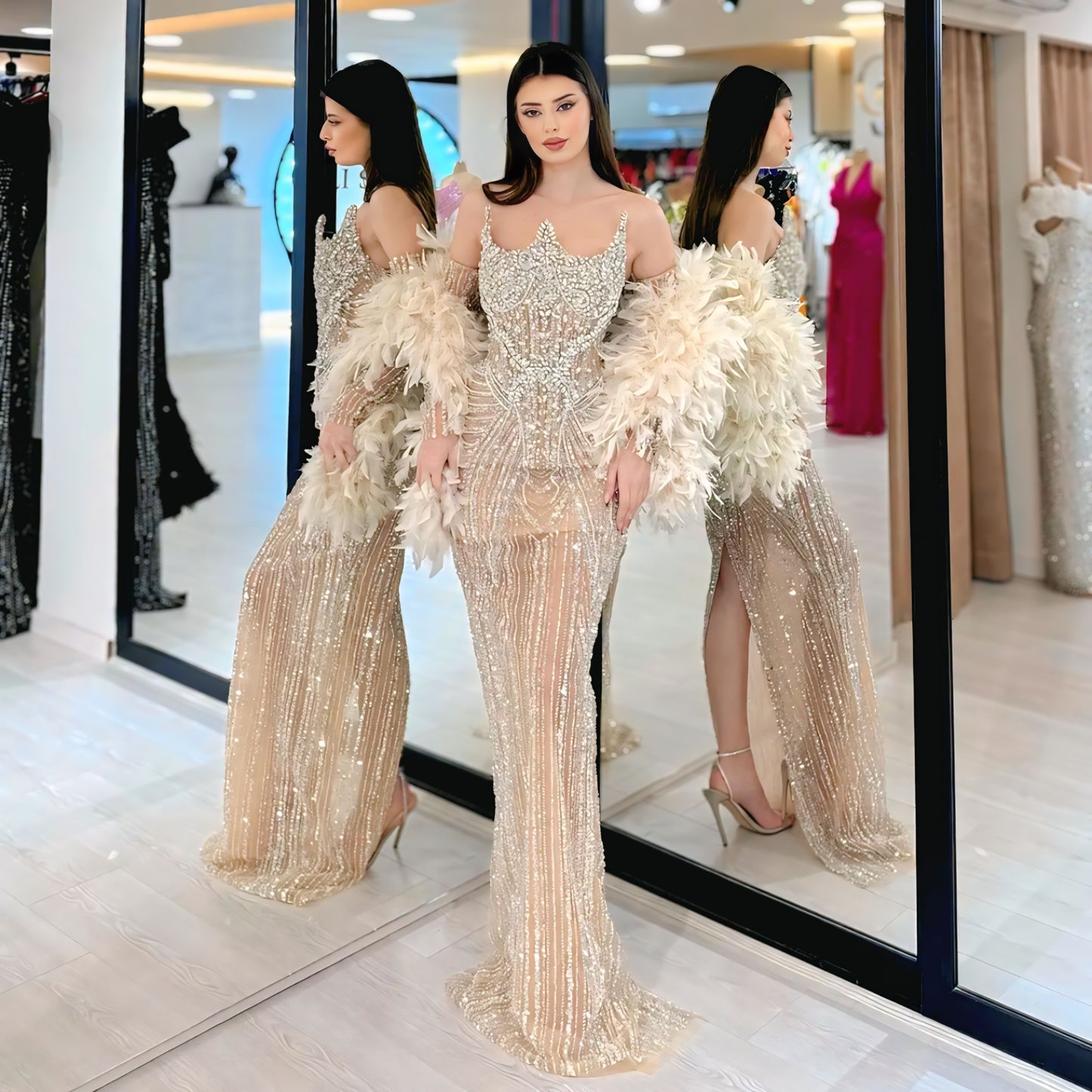 Elegant Off-Shoulder Champagne Evening Dress with Feathers – Beaded Long Slit Wedding & Party Gown (LSZ067)