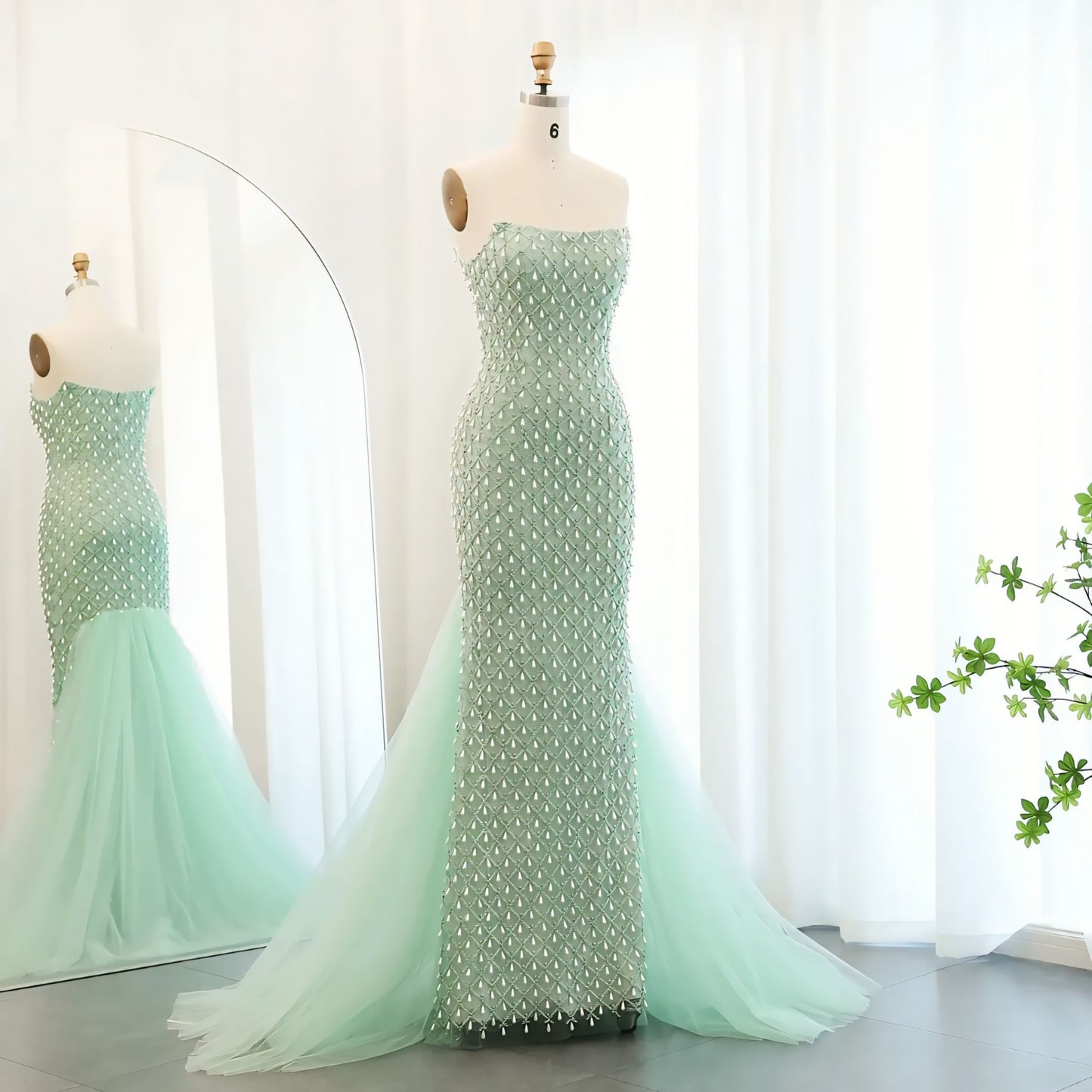 SZ431 Sage Green Luxury Mermaid Evening Gown with Cape – Crystal Pearls & Lace A-Line Floor-Length Dress