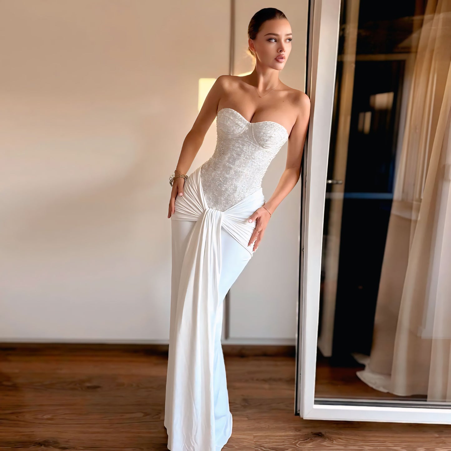 Chic Strapless Maxi Dress – Elegant Pleated Prom & Dinner Gown for Birthday, Party & Club (2025 Edition)