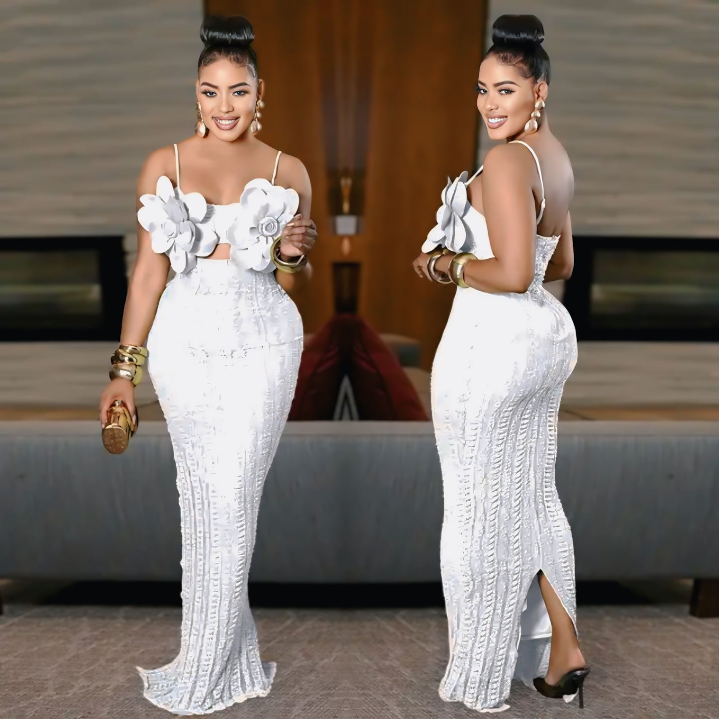 CX7513 Danielle Floral Applique Maxi Dress – Elegant Women’s Long Dress for Dinner & Birthday Party 2025