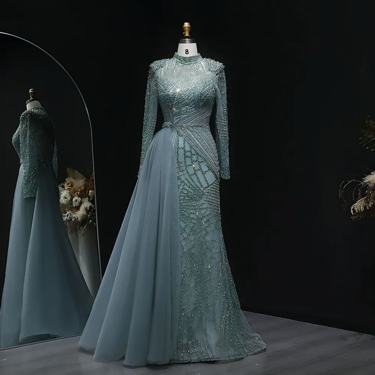 Luxury Long Sleeve Mermaid Evening Dress with Side Skirt – High Neck Beaded Prom & Party Gown (LSZ064-1)
