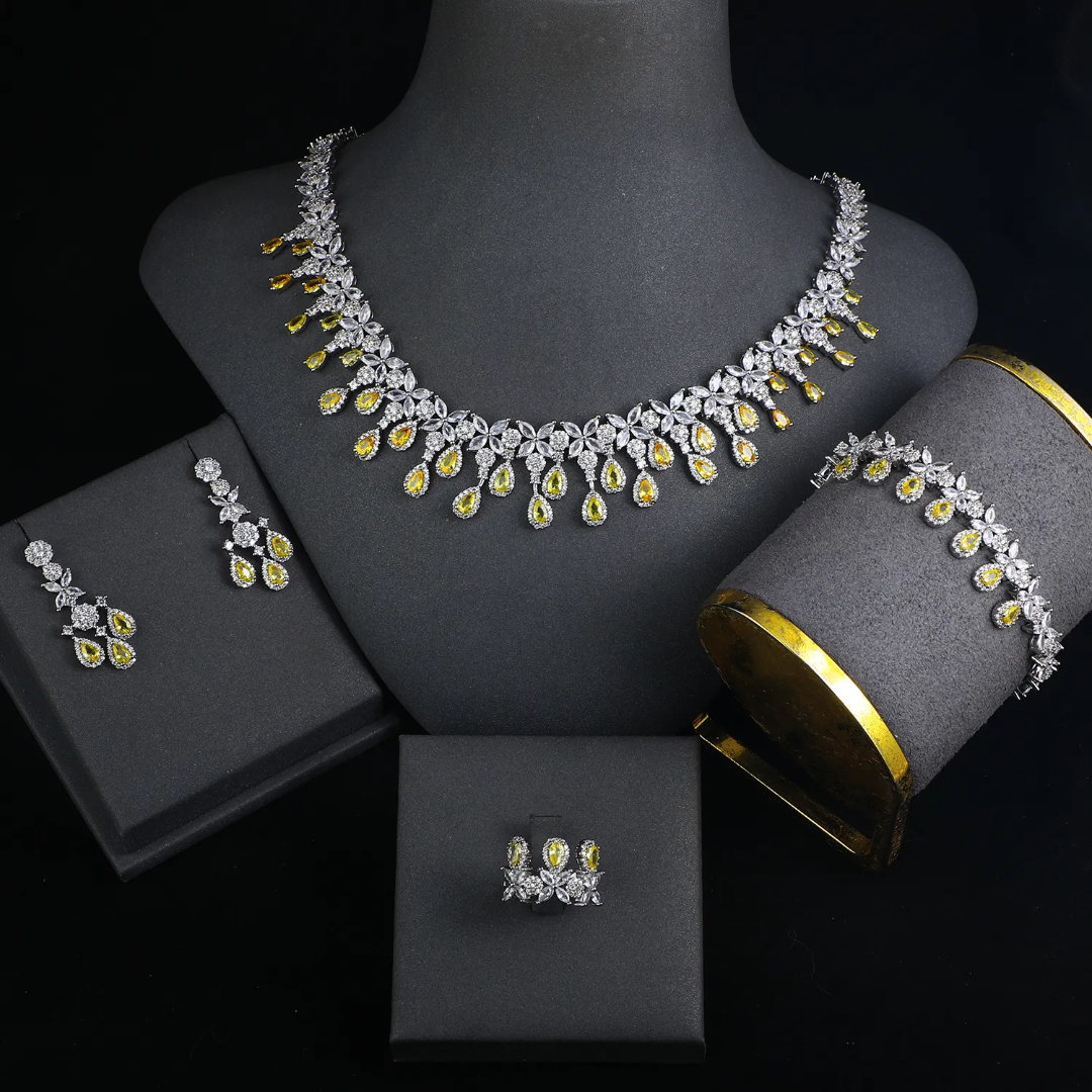 Luxury Bling Cubic Zirconia 4-Piece Bridal Jewelry Set – Platinum Plated Wedding Necklace Set