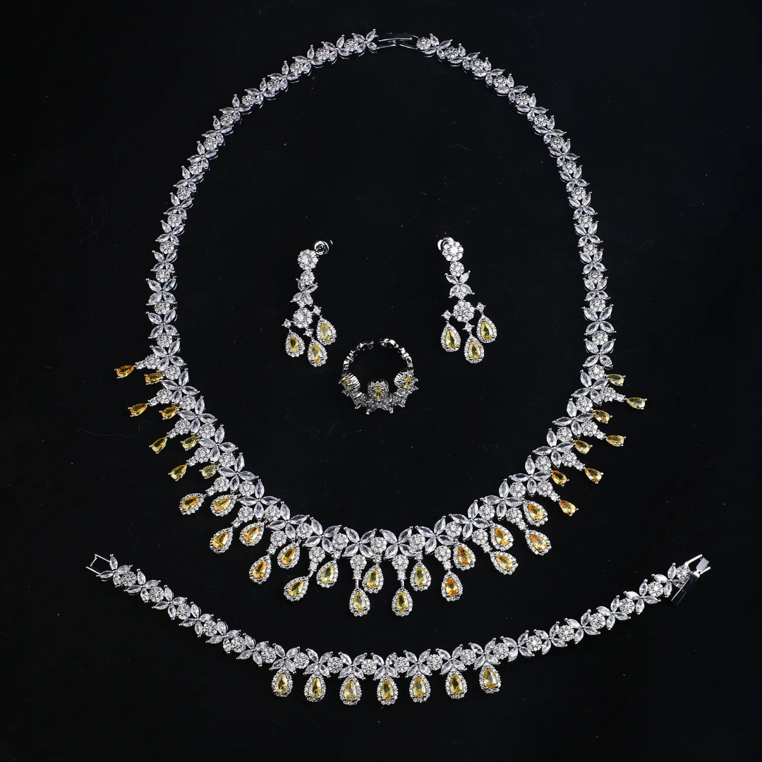 Luxury Bling Cubic Zirconia 4-Piece Bridal Jewelry Set – Platinum Plated Wedding Necklace Set