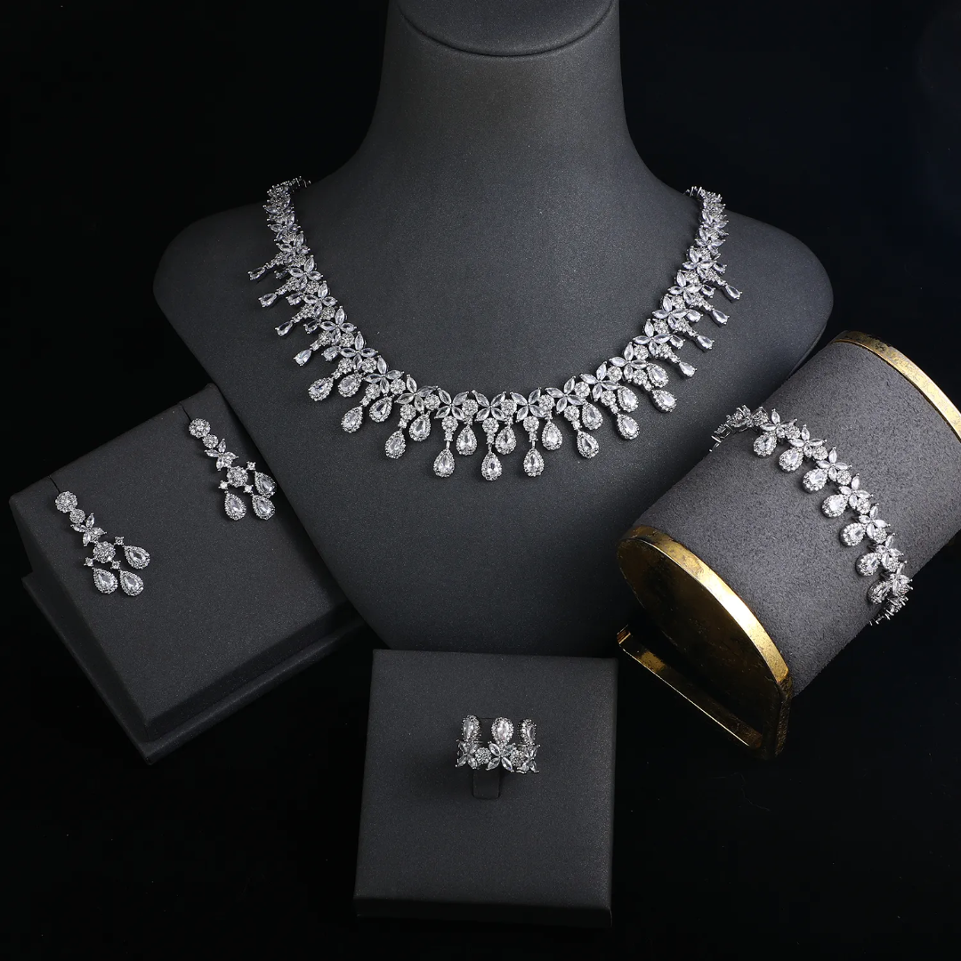 Luxury Bling Cubic Zirconia 4-Piece Bridal Jewelry Set – Platinum Plated Wedding Necklace Set