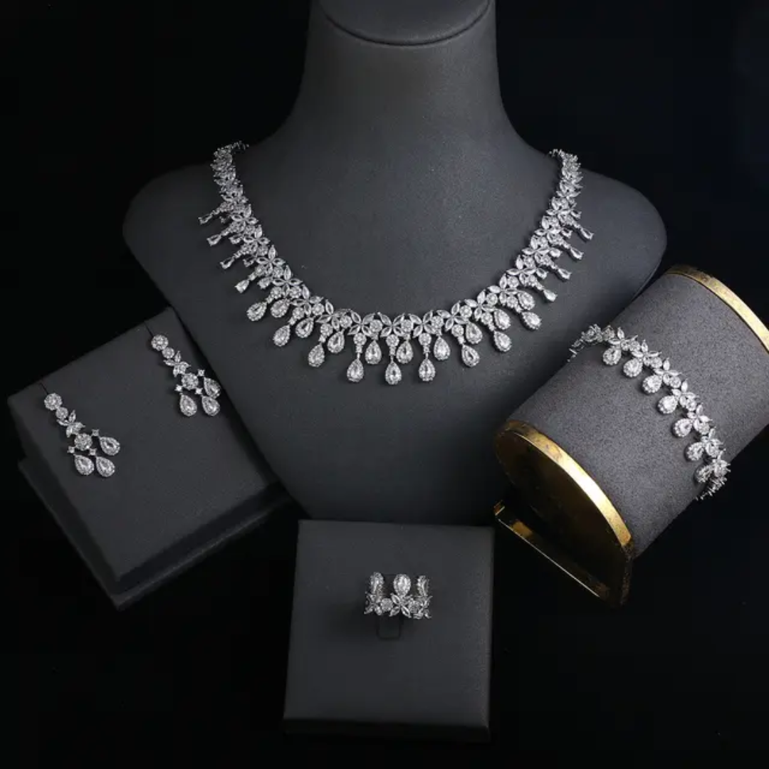 Luxury Bling Cubic Zirconia 4-Piece Bridal Jewelry Set – Platinum Plated Wedding Necklace Set