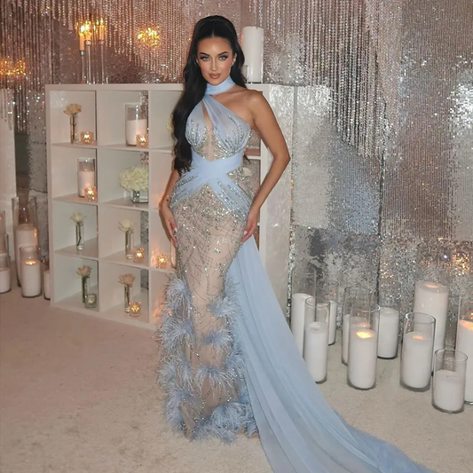 Luxury Mermaid Evening Dress with Feathers & Long Train – Elegant Halter Wedding & Prom Gown | Luxevibe LSZ576