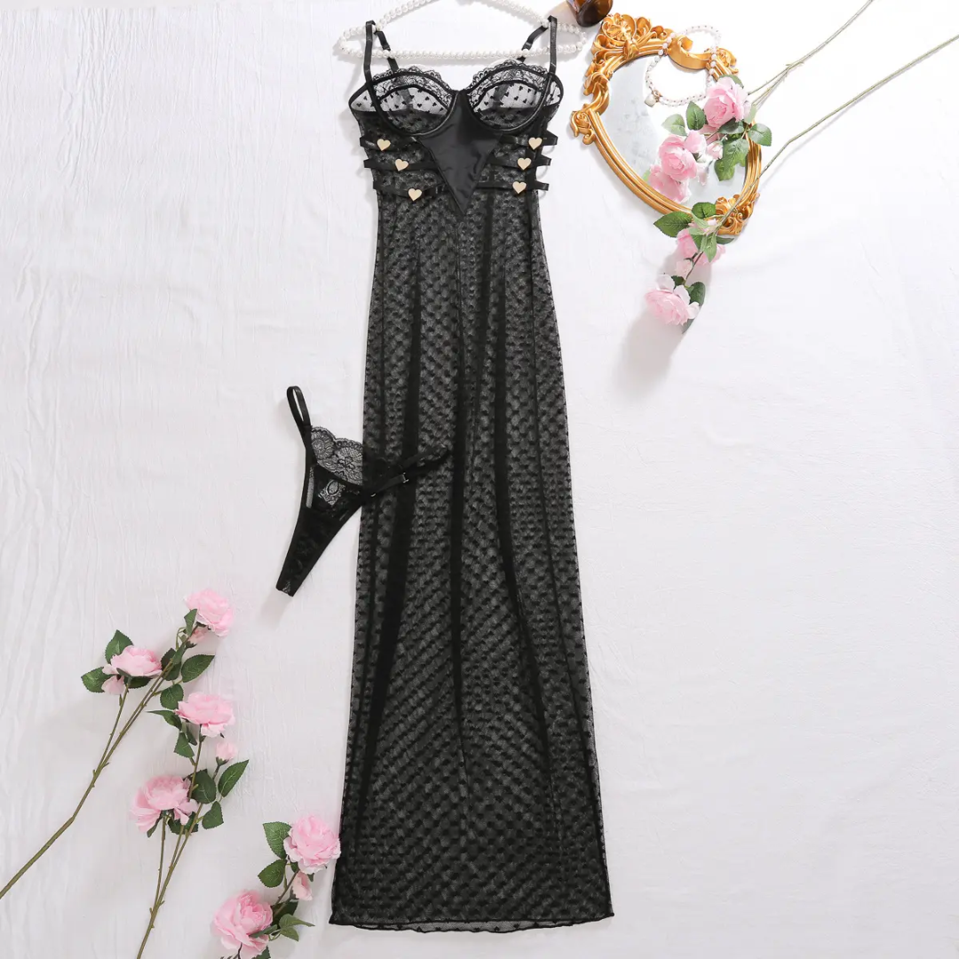 2025 Women Fashion Trends Sexy Sling Long Dress Mesh See-Through Slim Fit Black Lingerie