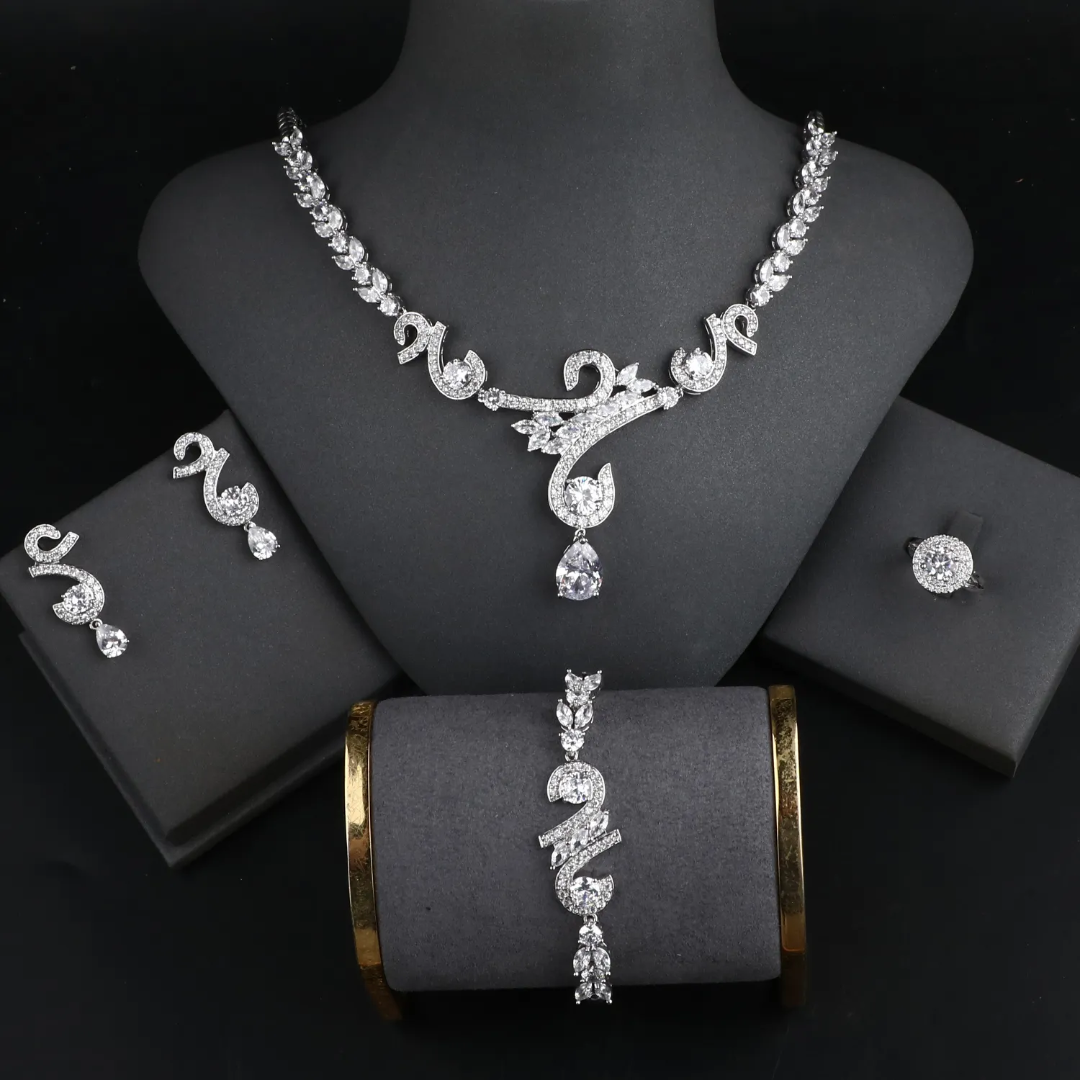 Luxury High Quality Shining Cubic Zircon Bridal Jewelry Set – Platinum Plated Dubai Wedding Set