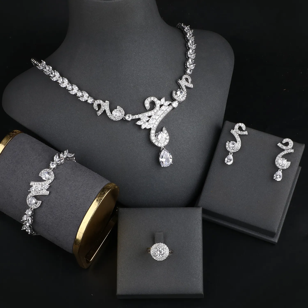 Luxury High Quality Shining Cubic Zircon Bridal Jewelry Set – Platinum Plated Dubai Wedding Set