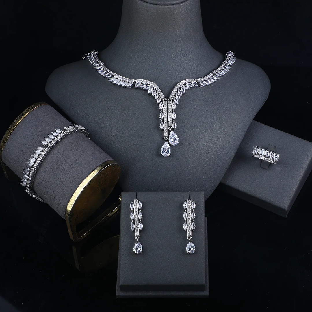 High Quality Fashion Cubic Zirconia 4-Piece Bridal Jewelry Set – Luxury Platinum-Plated Dubai Wedding Set