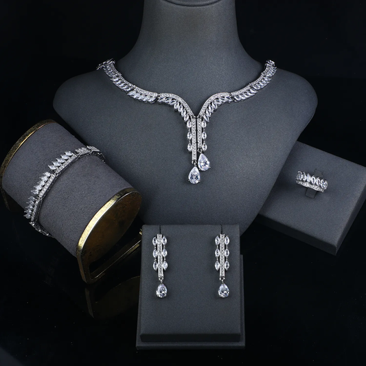 High Quality Fashion Cubic Zirconia 4-Piece Bridal Jewelry Set – Luxury Platinum-Plated Dubai Wedding Set