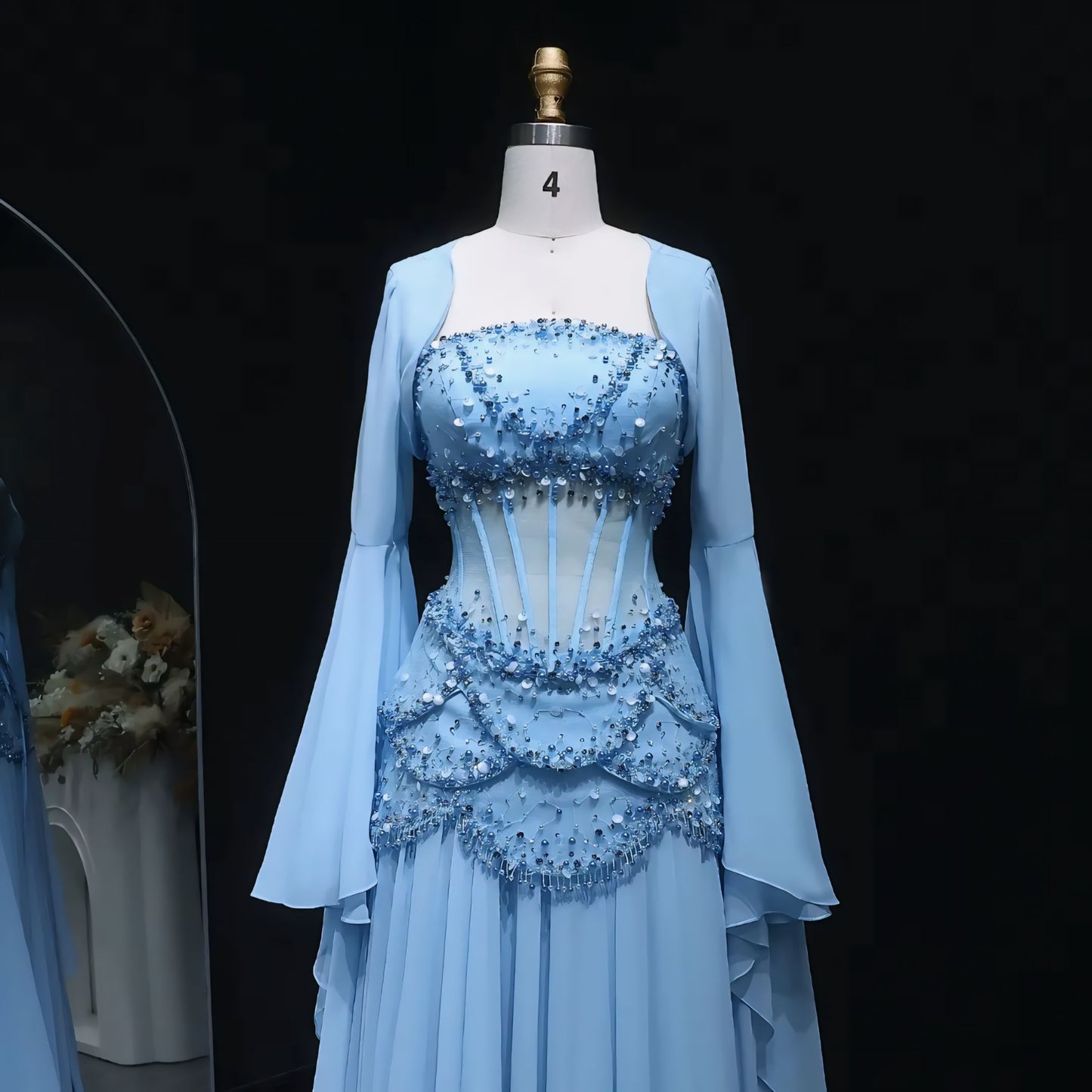 LSZ286 Elegant Blue Mermaid Evening Dress with Cape Sleeve Beaded Lace Crystals