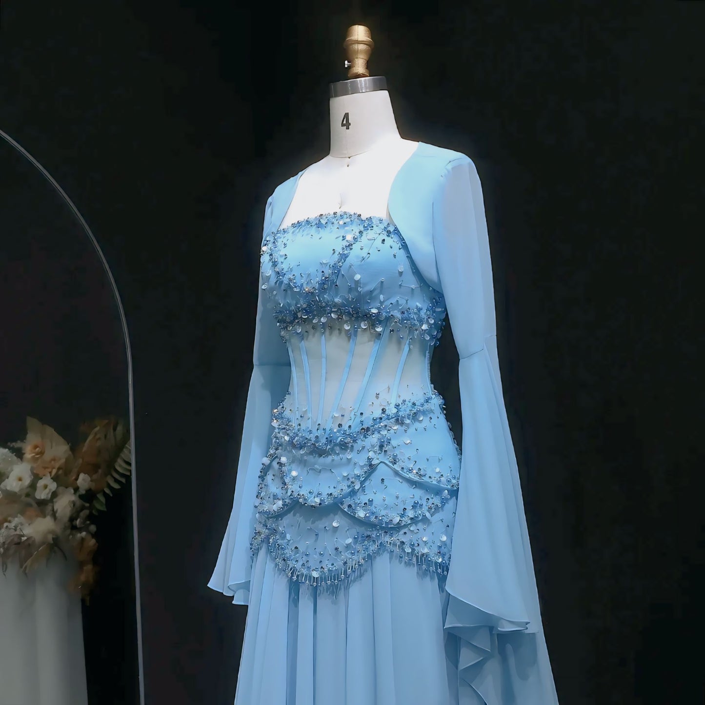 LSZ286 Elegant Blue Mermaid Evening Dress with Cape Sleeve Beaded Lace Crystals