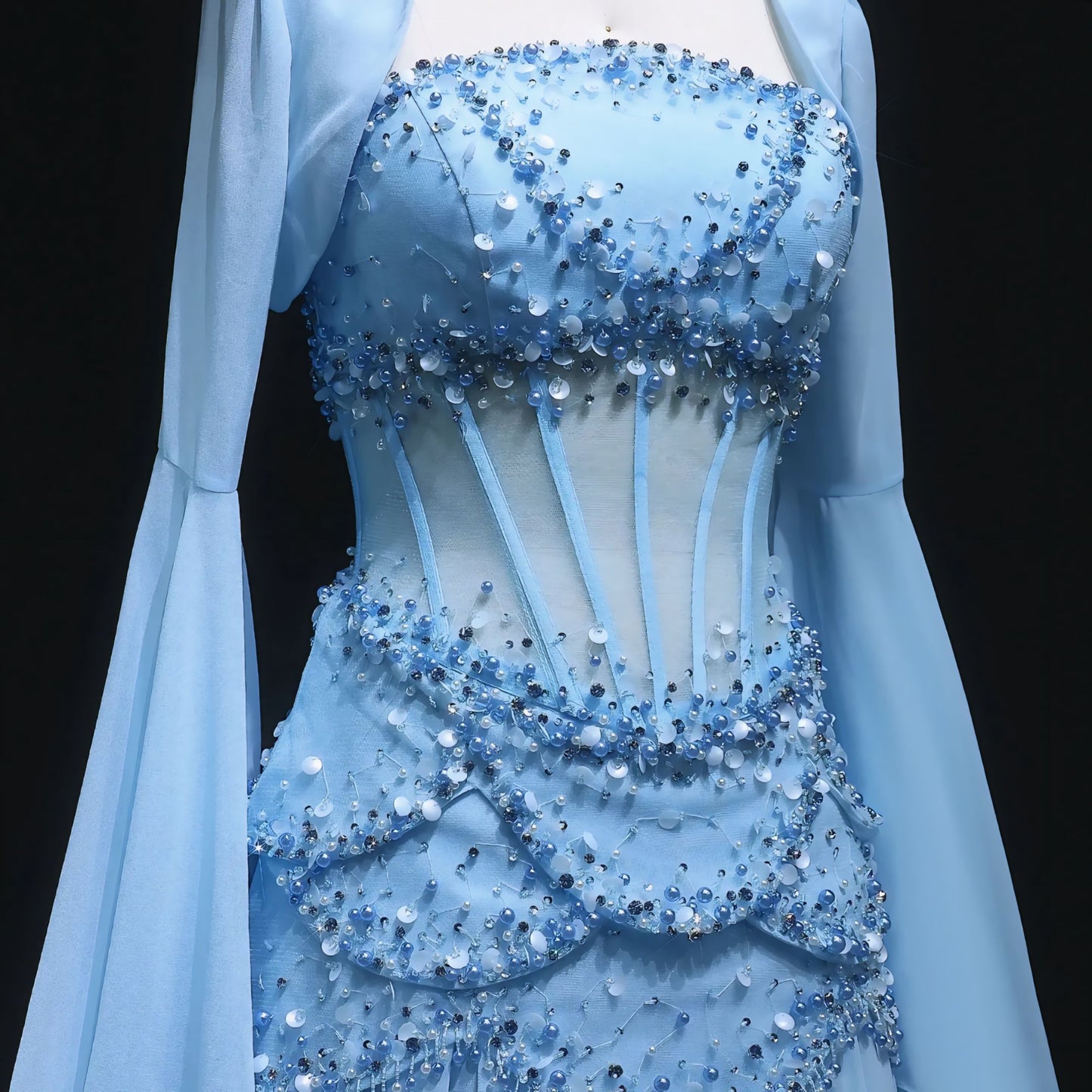 LSZ286 Elegant Blue Mermaid Evening Dress with Cape Sleeve Beaded Lace Crystals