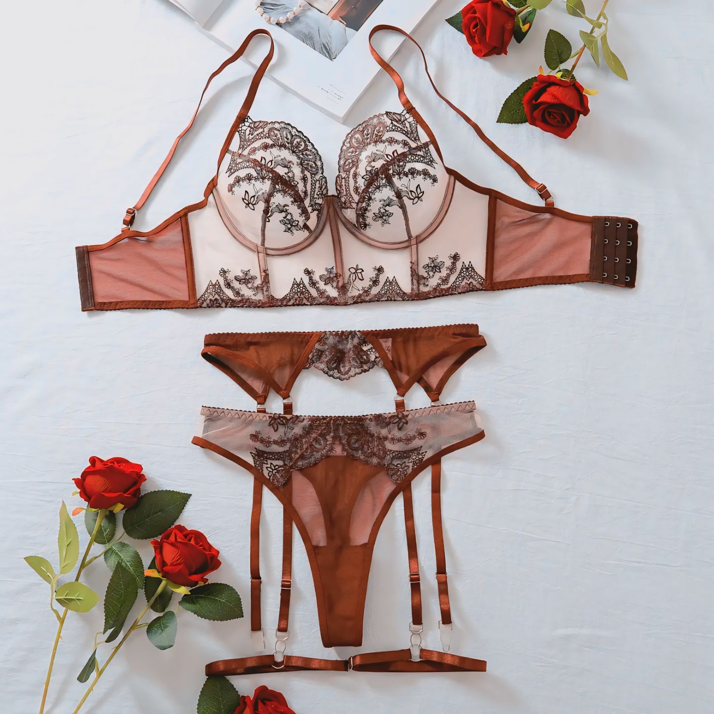 Sexy Brown Lace Lingerie Set – Push-Up Bra & Panty with Soft Underwire Floral Embroidery (Women’s Lingerie S-L)