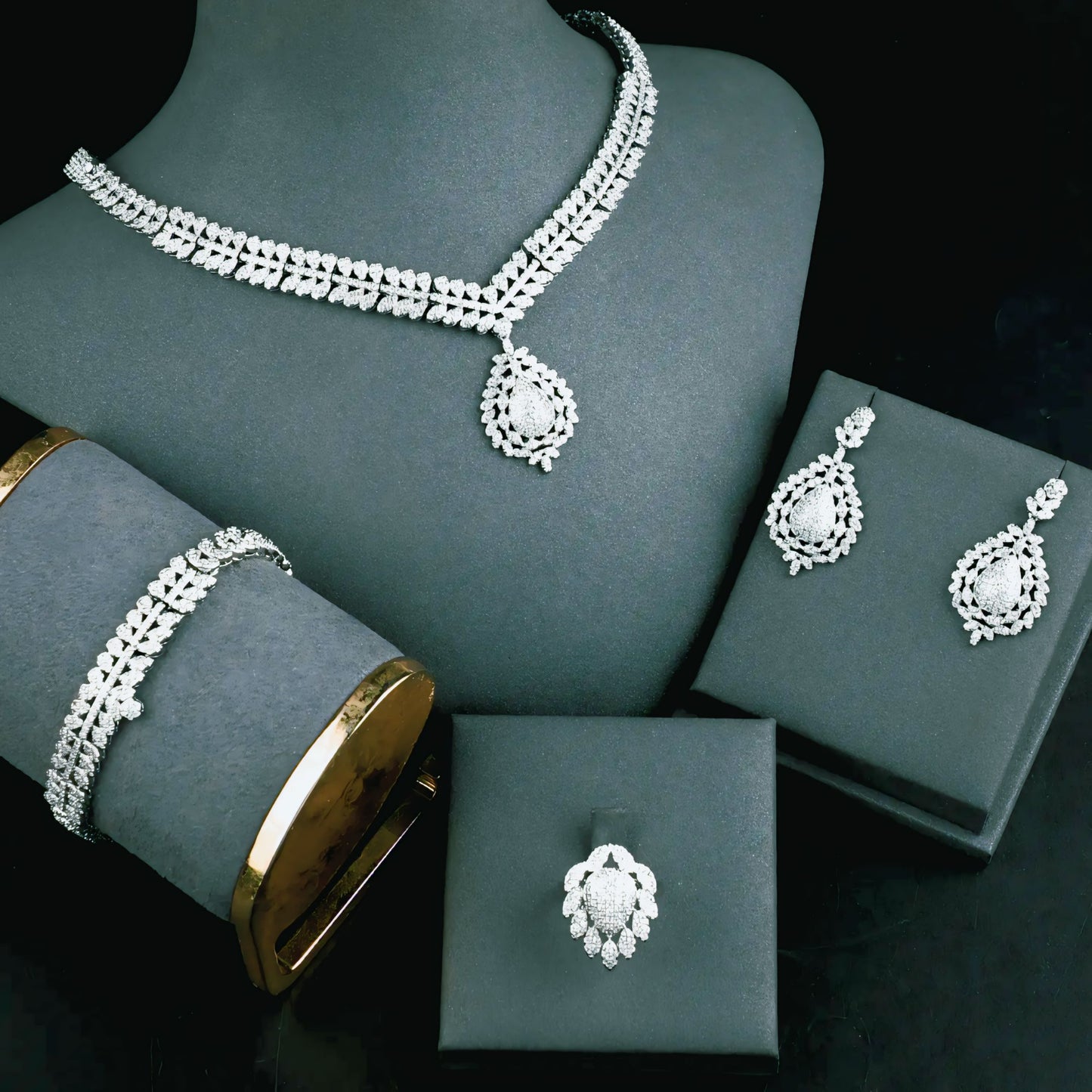 Dubai Luxury Full Zircon Bridal Jewelry Set – Platinum Plated Necklace, Earrings, Bracelet & Adjustable Ring | Women’s Wedding Accessories