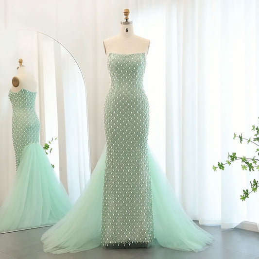 SZ431 Sage Green Luxury Mermaid Evening Gown with Cape – Crystal Pearls & Lace A-Line Floor-Length Dress