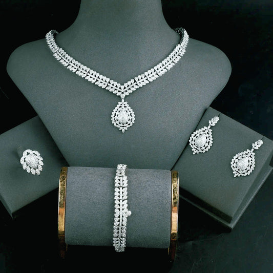 Dubai Luxury Full Zircon Bridal Jewelry Set – Platinum Plated Necklace, Earrings, Bracelet & Adjustable Ring | Women’s Wedding Accessories