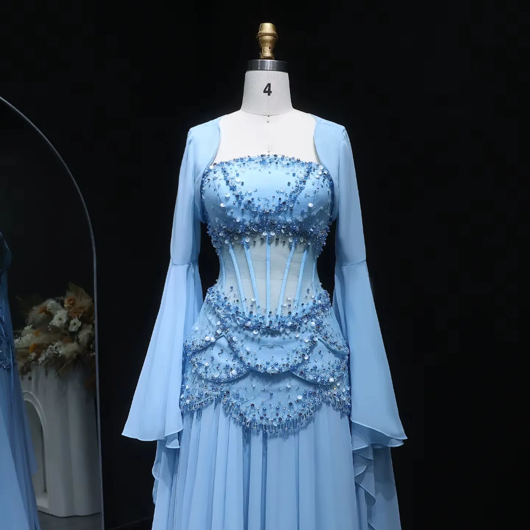 LSZ286 Elegant Blue Mermaid Evening Dress with Cape Sleeve Beaded Lace Crystals