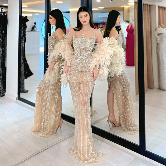 Elegant Off-Shoulder Champagne Evening Dress with Feathers – Beaded Long Slit Wedding & Party Gown (LSZ067)