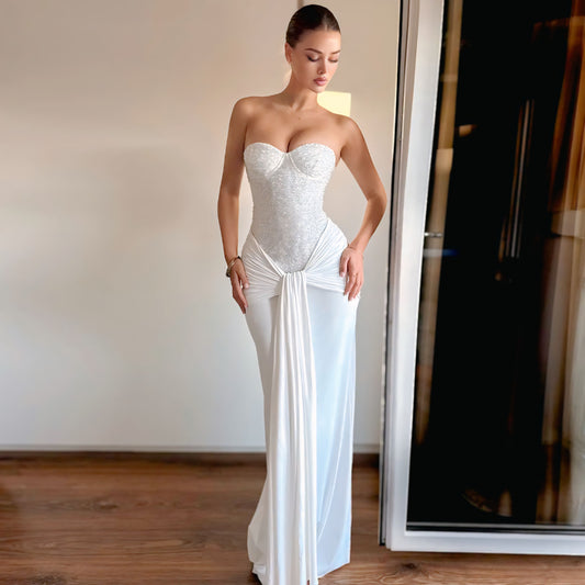 Chic Strapless Maxi Dress – Elegant Pleated Prom & Dinner Gown for Birthday, Party & Club (2025 Edition)