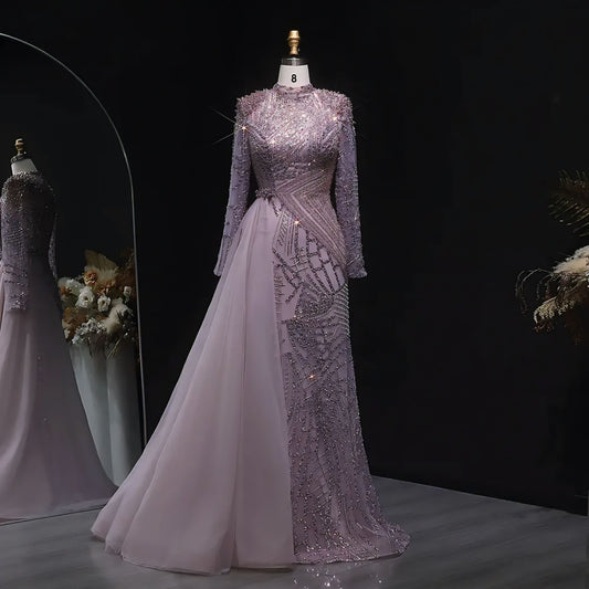 Luxury Long Sleeve Mermaid Evening Dress with Side Skirt – High Neck Beaded Prom & Party Gown (LSZ064-1)