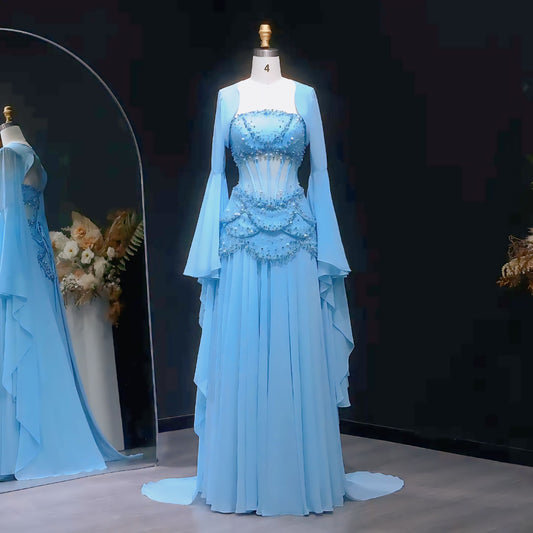 LSZ286 Elegant Blue Mermaid Evening Dress with Cape Sleeve Beaded Lace Crystals